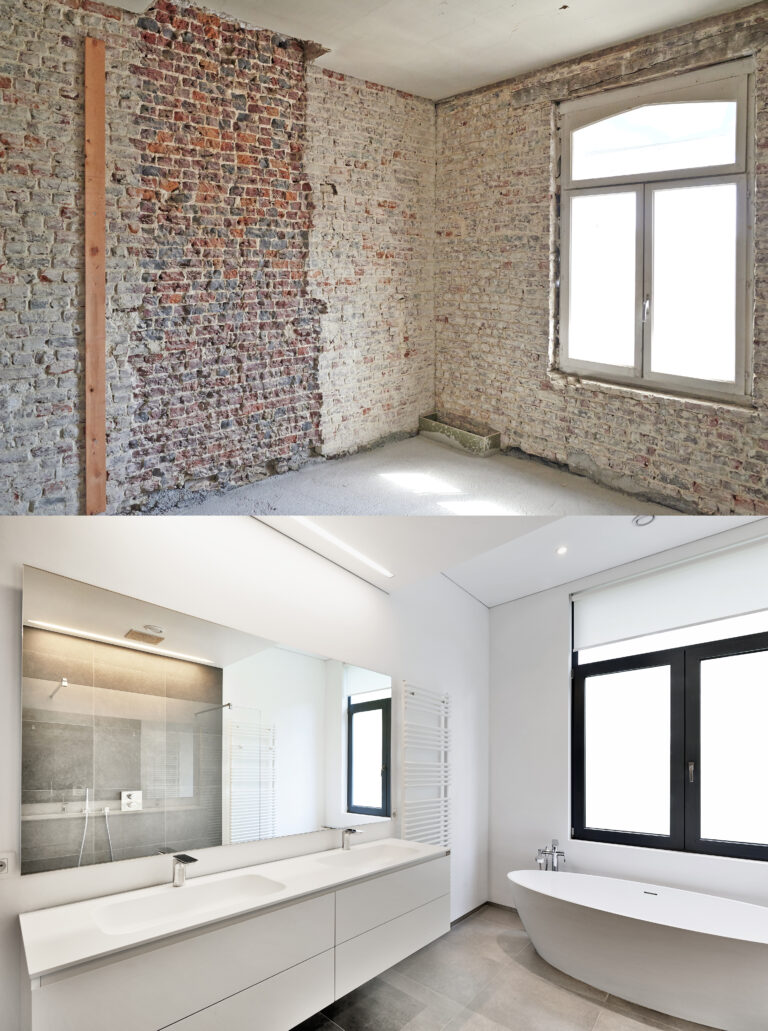 Renovation of a bathroom Before and after in horizontal format